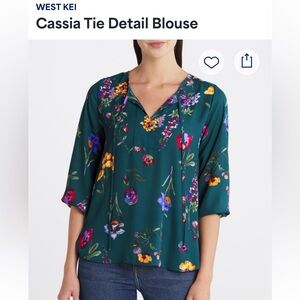 West Kei Teal Floral Blouse with Tie Detail